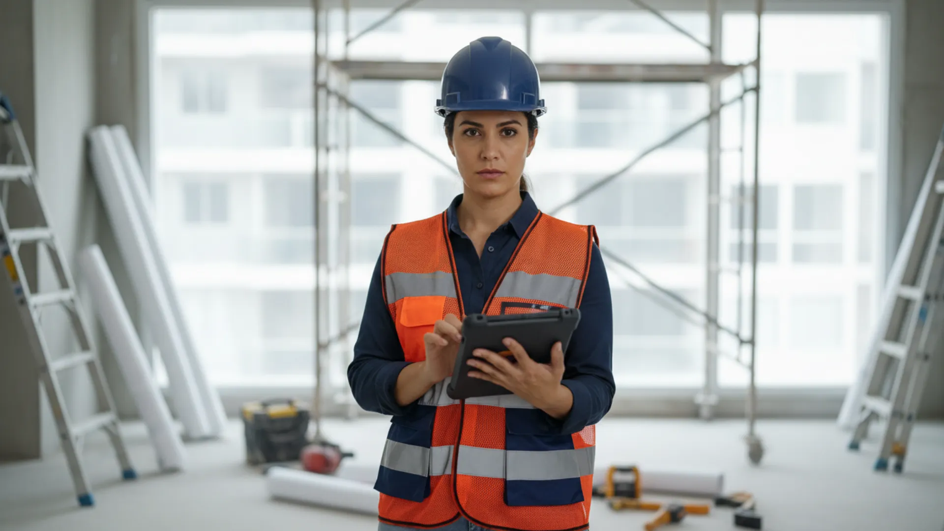 Engenheiro conferindo medidas em obra de reforma com trena laser Bosch