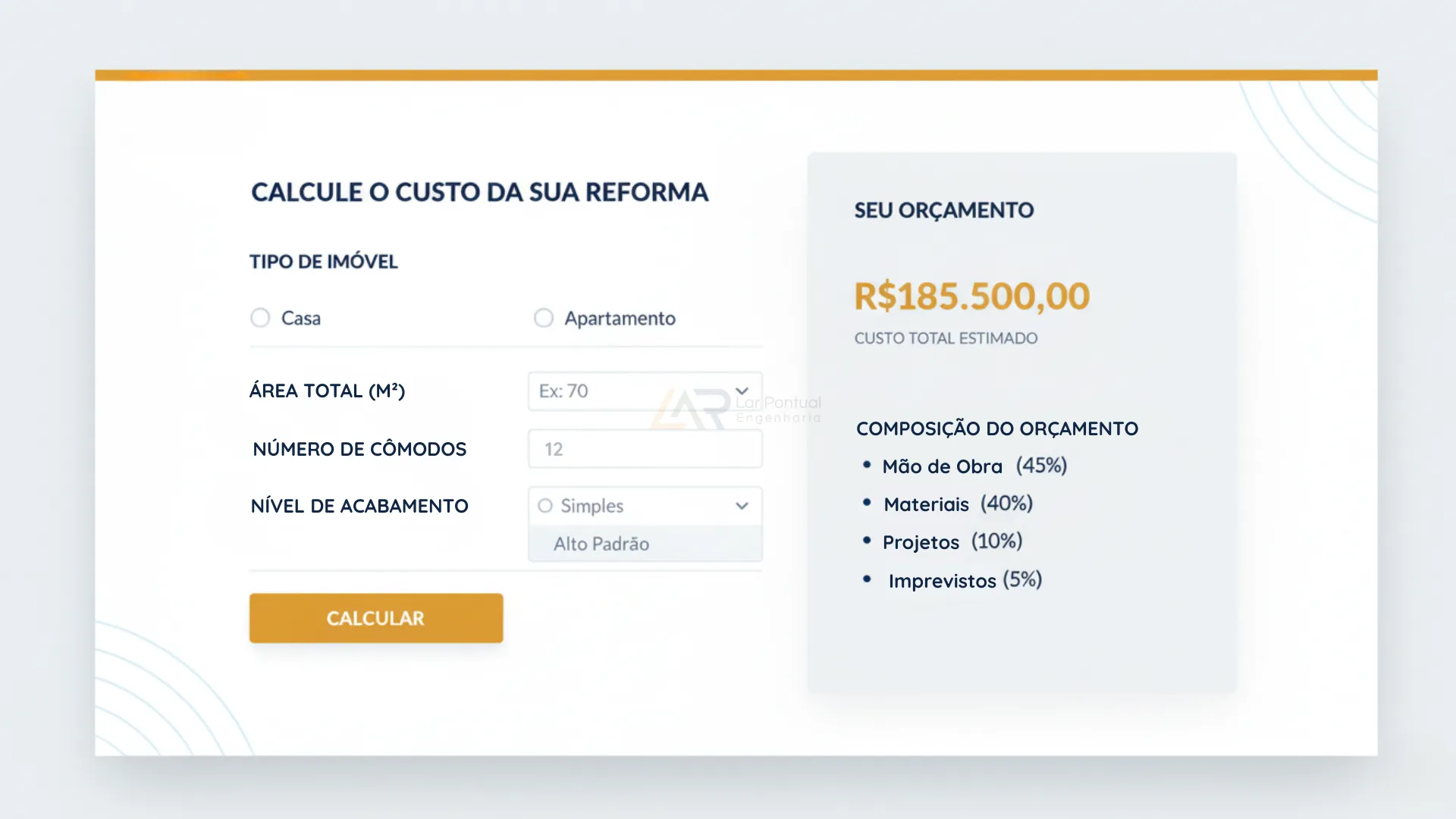 Mockup do resultado do simulador de reforma