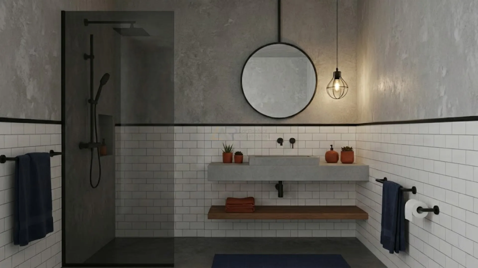 Banheiro estilo industrial moderno com metais pretos matte