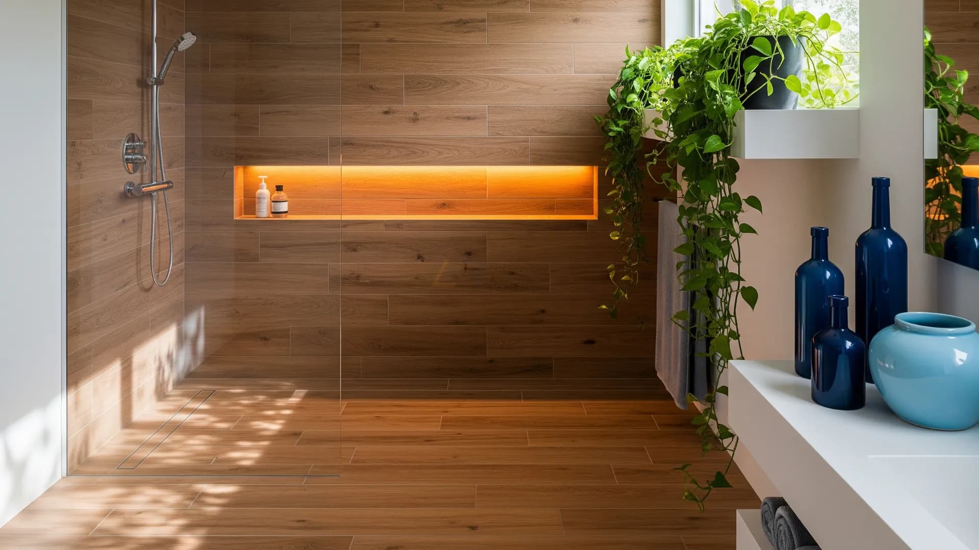 Banheiro moderno com deck de madeira e estilo spa