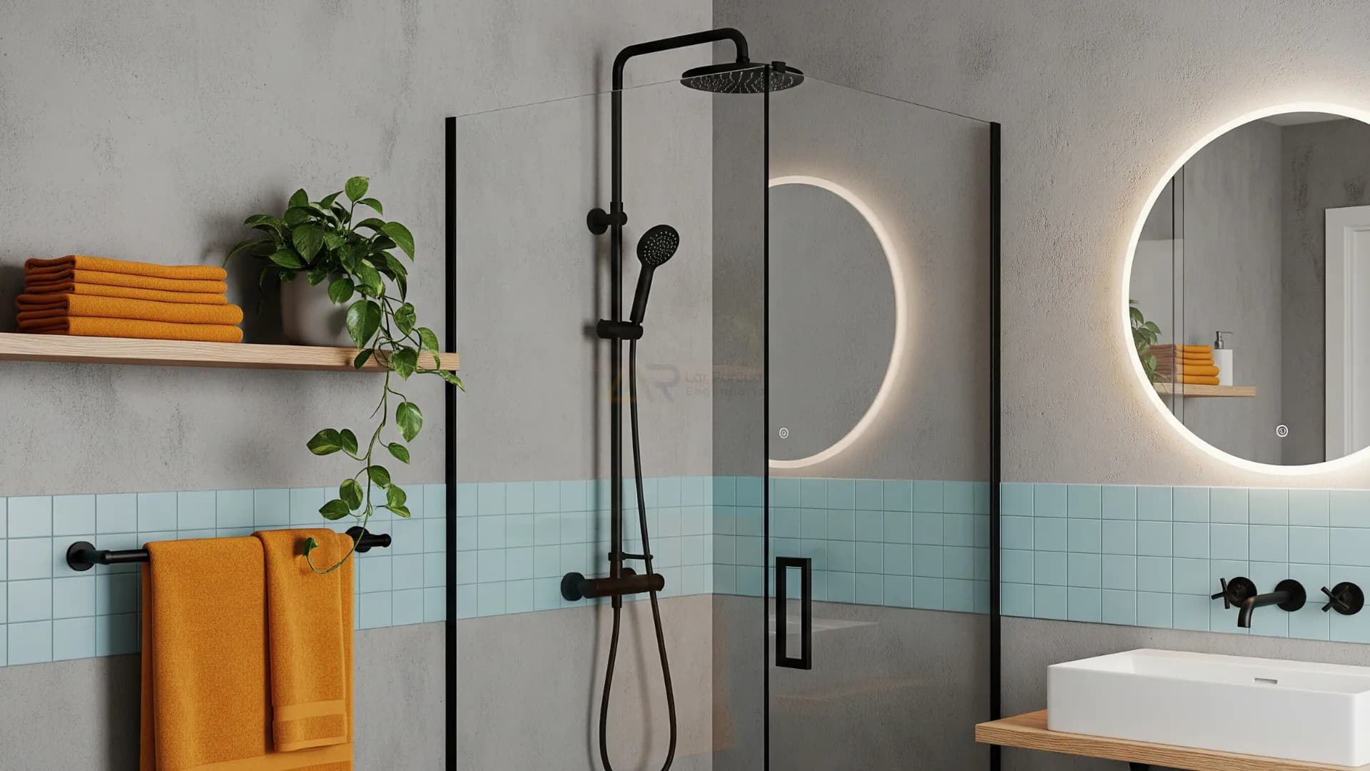 Perspectiva de lavatório moderno com cuba de sobrepor esculpida e espelho curvo iluminado por LED perimetral.