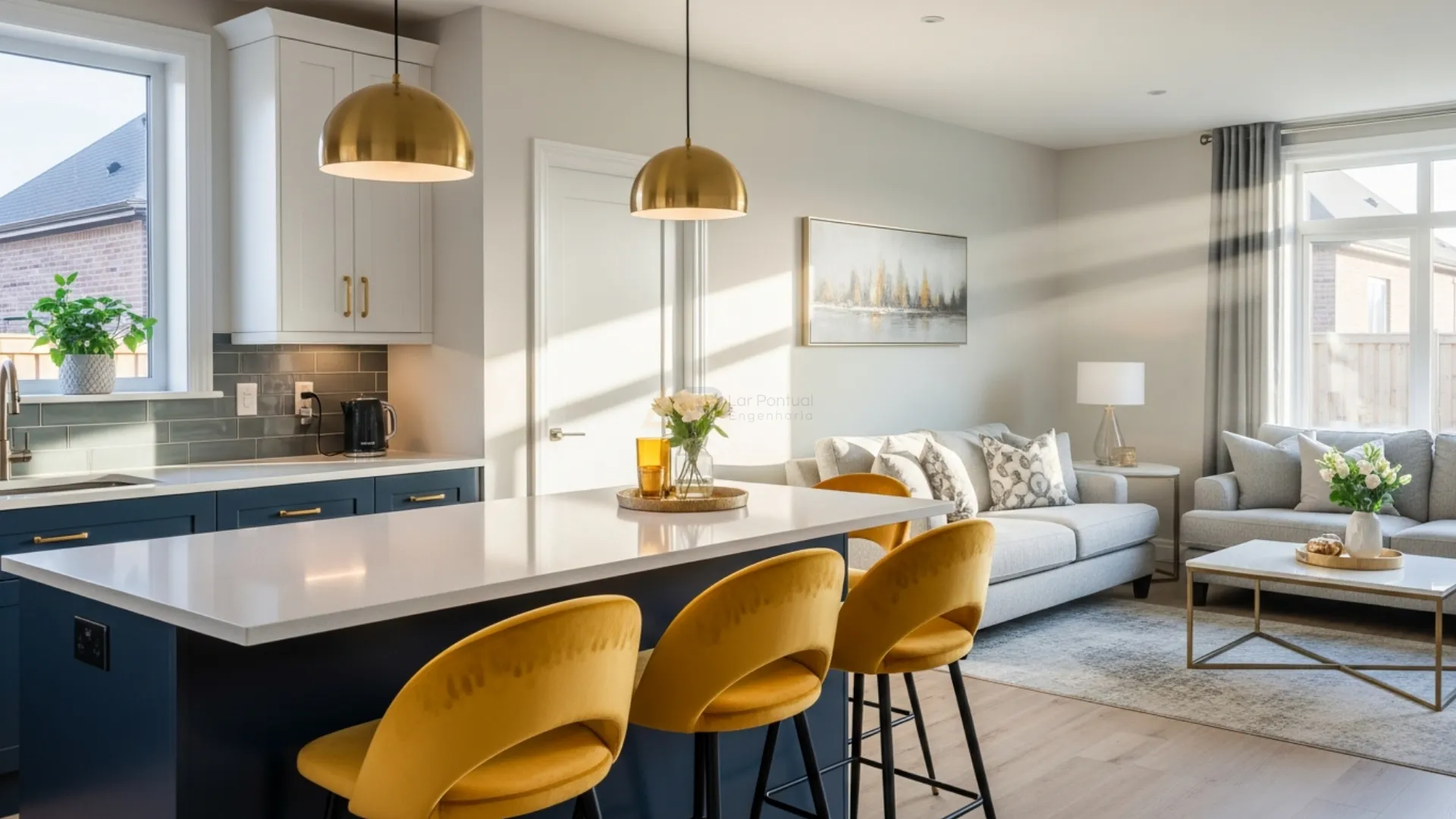 Integração prêmio entre cozinha e sala, utilizando ilha central e iluminação focal para amplitude máxima.
