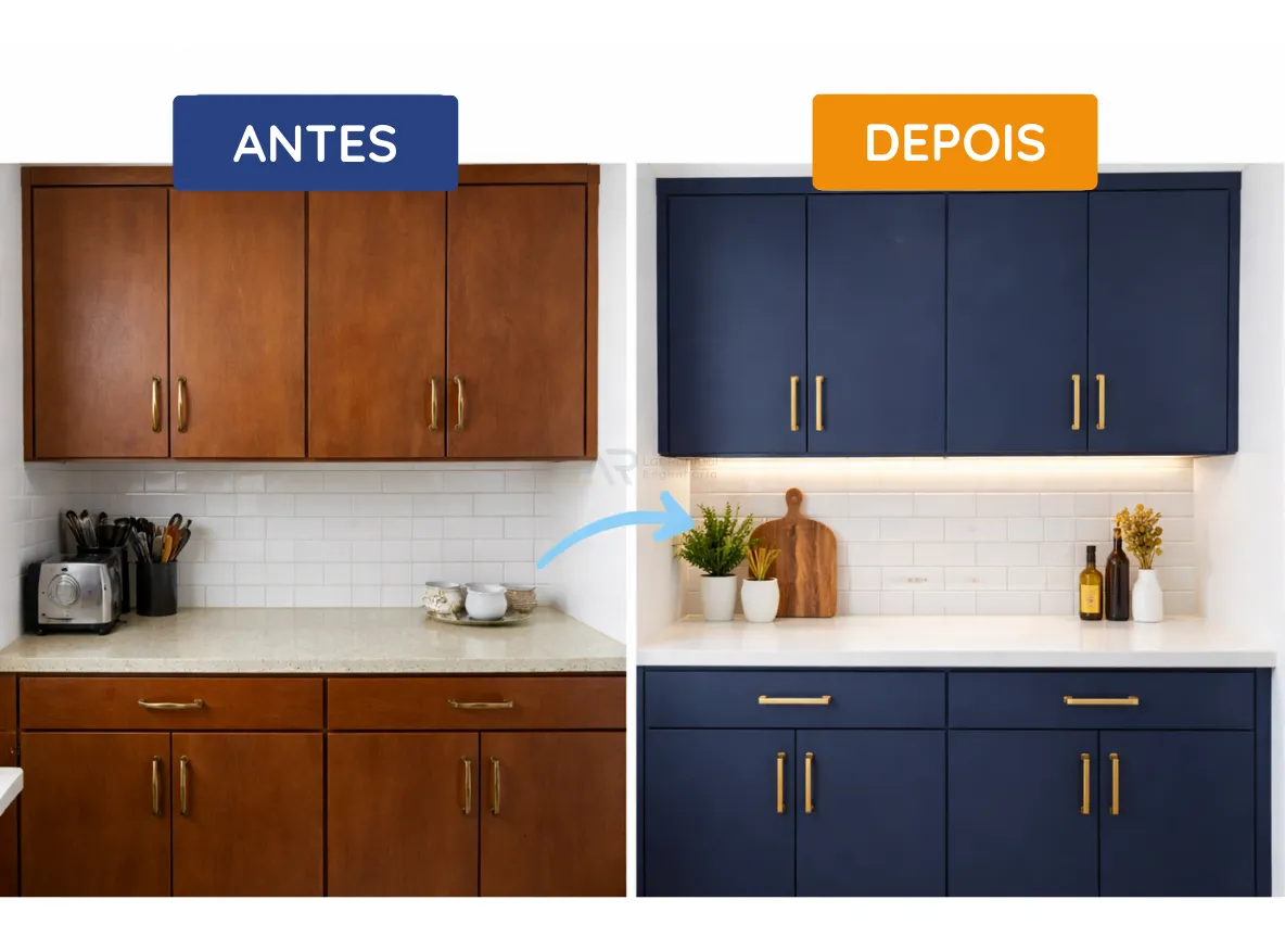 Comparativo antes e depois envelopamento de armário de cozinha branco vs madeira