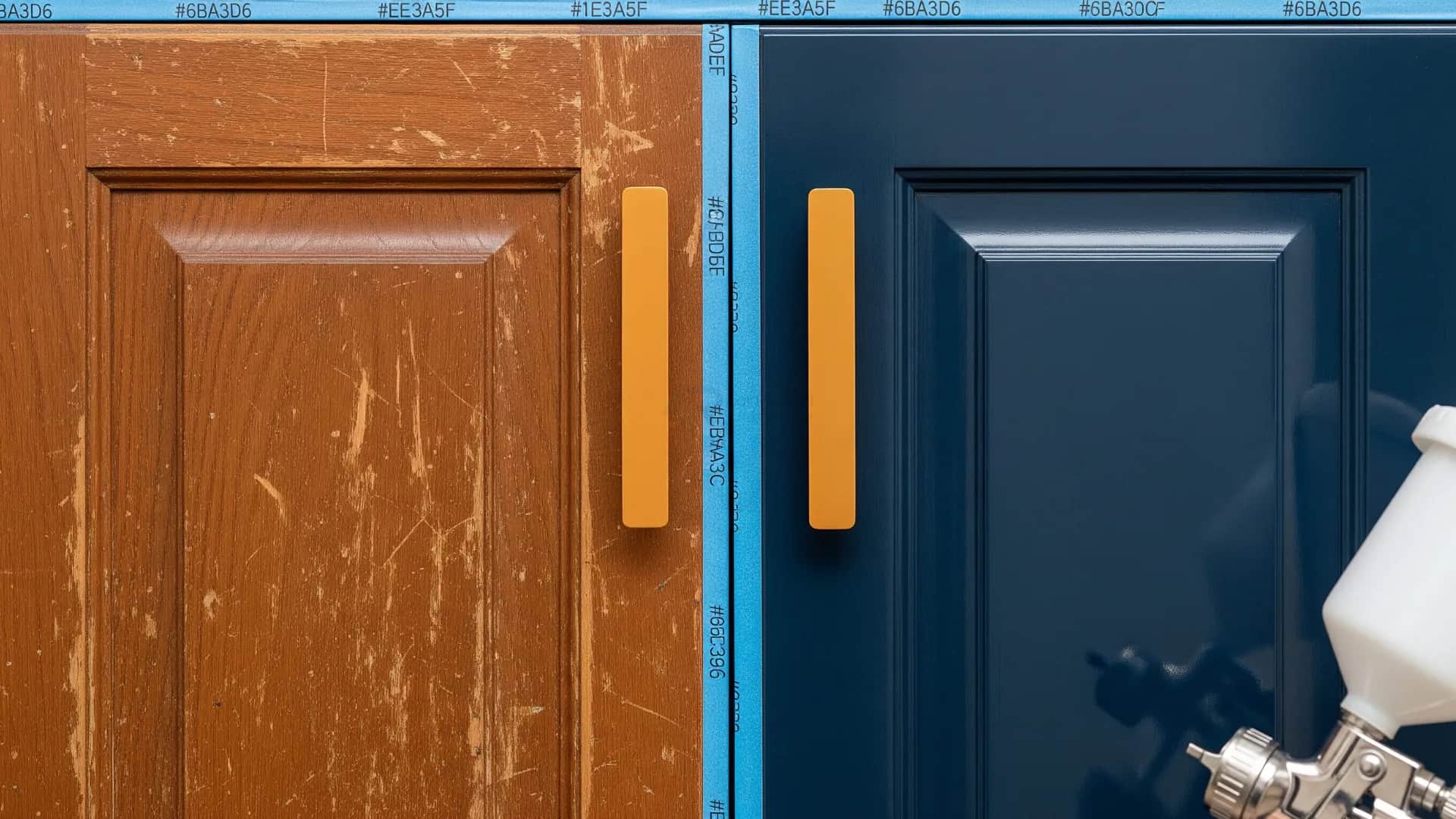 Técnica de pintura pulverizada sendo aplicada em portas de armário de cozinha para renovação estética completa.