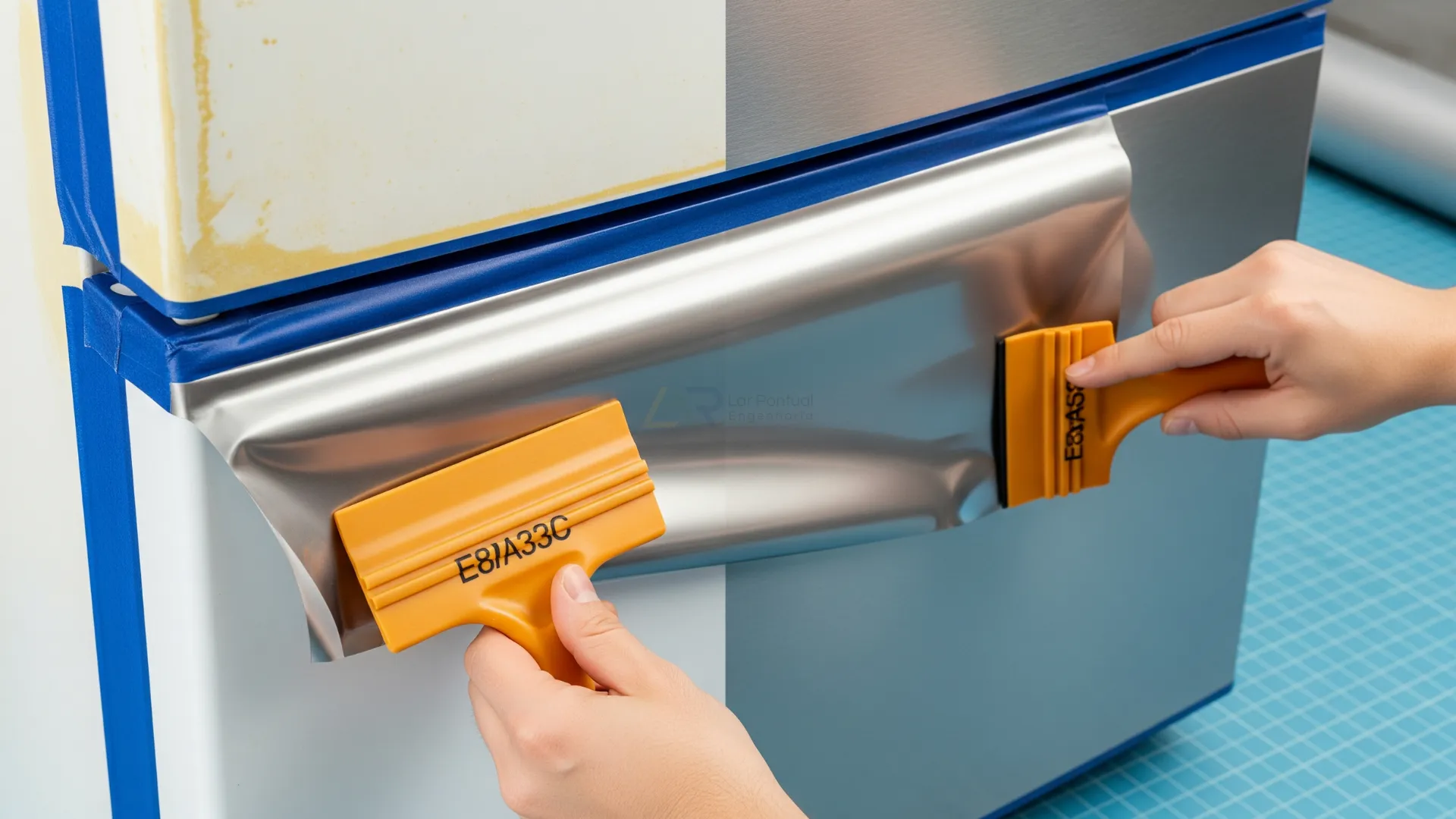 Geladeira envelopada com vinil aço escovado antes e depois