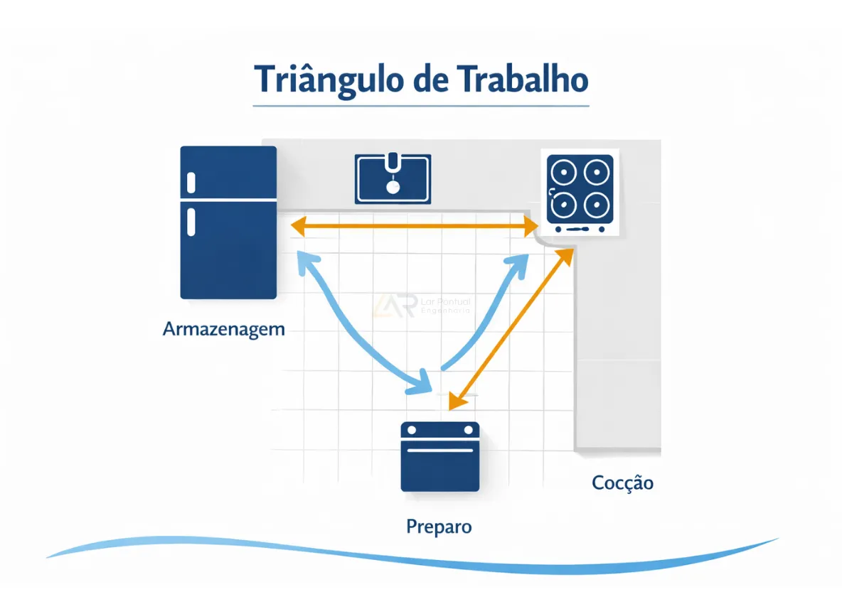 Infográfico do triângulo de trabalho na cozinha mostrando fluxo entre pia fogão e geladeira