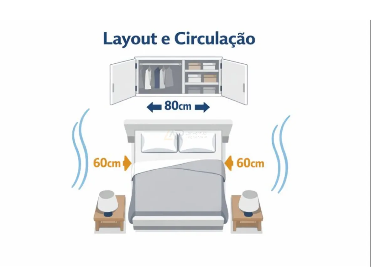 Planta baixa de quarto com medidas de circulação para reforma de quarto
