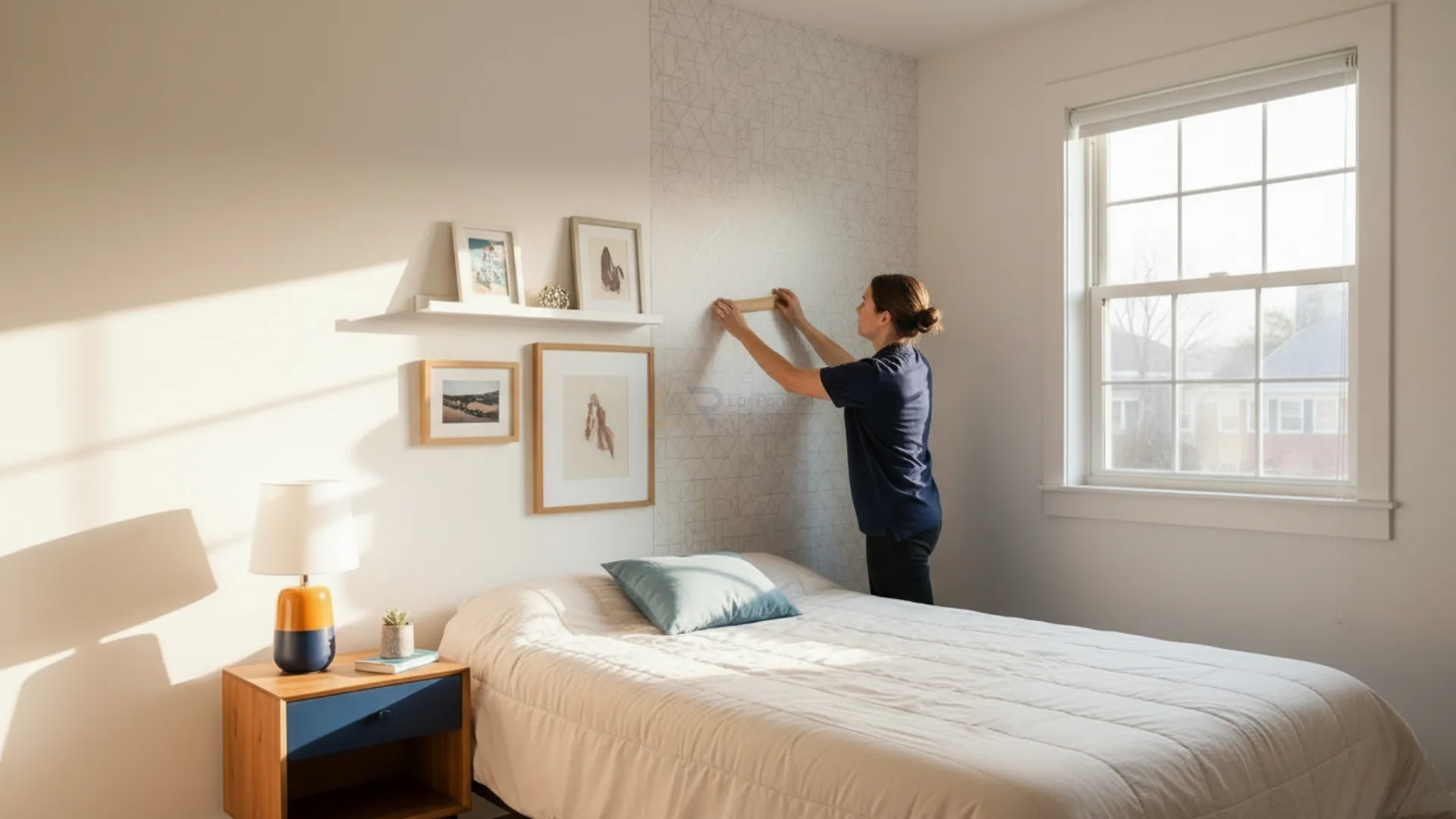 Cabeceira DIY feita com almofadas suspensas em quarto de casal