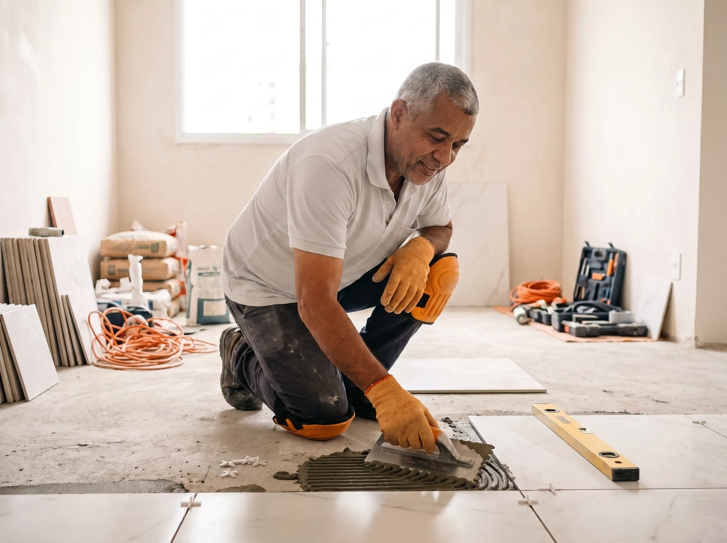 Assentamento de piso em uma reforma residencial