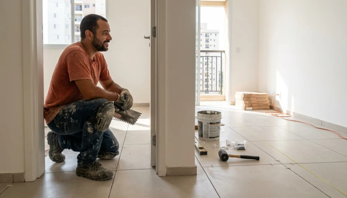 Pedreiro autônomo assentando piso em uma reforma residencial