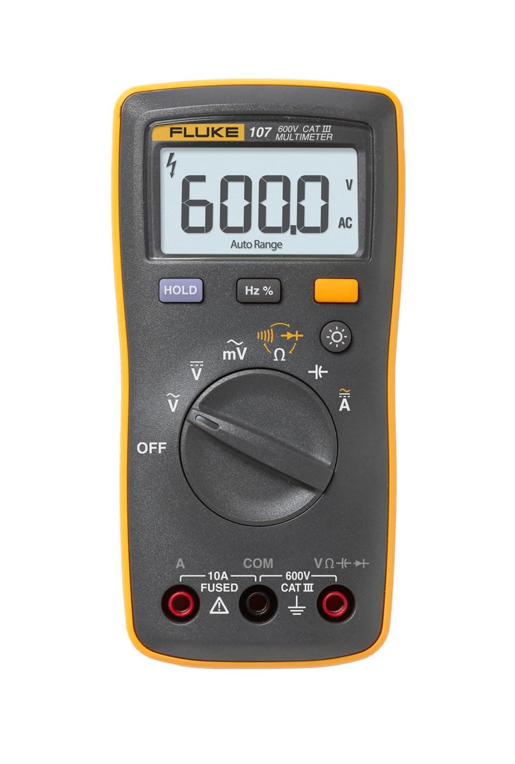 Multímetro FLUKE-107, CAT III 600V, visor retroiluminado, medição de Corrente, Tensão, Resistência e Capacitância, Teste de Diodo e Continuidade, Frequência e Ciclo de Serviço.
