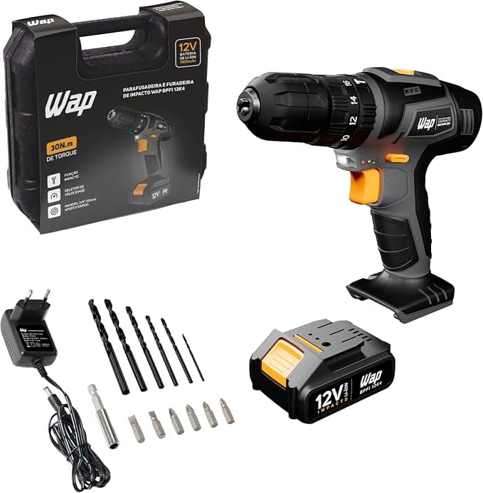 WAP Parafusadeira e Furadeira com Impacto à Bateria 12V BPFI-12K4, Kit de
