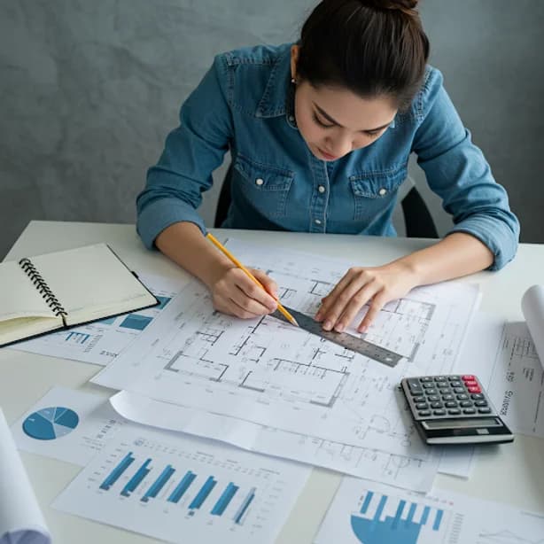 Planejamento detalhado de reforma residencial com planta baixa, notebook e calculadora sobre a mesa.