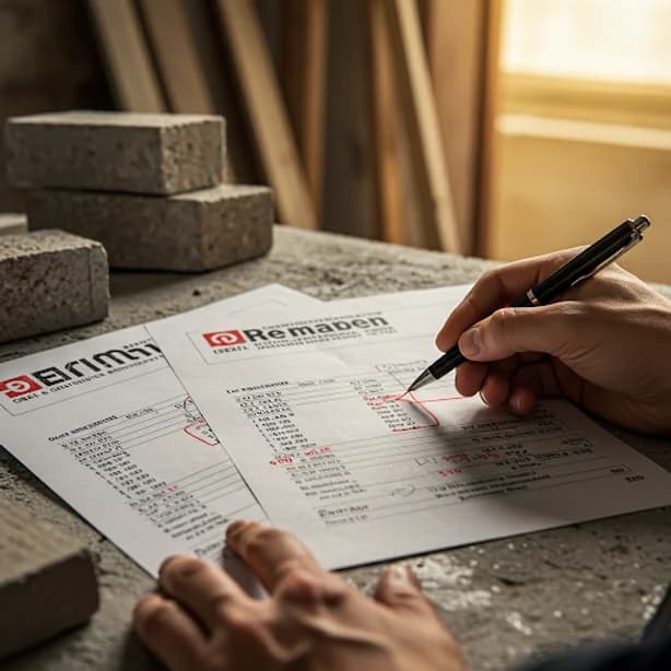 Comparação de orçamentos de empresas de reforma e construção com materiais ao fundo.