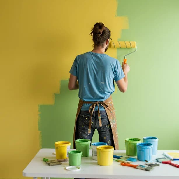Pessoa realizando pintura DIY em reforma residencial com latas de tinta e ferramentas.