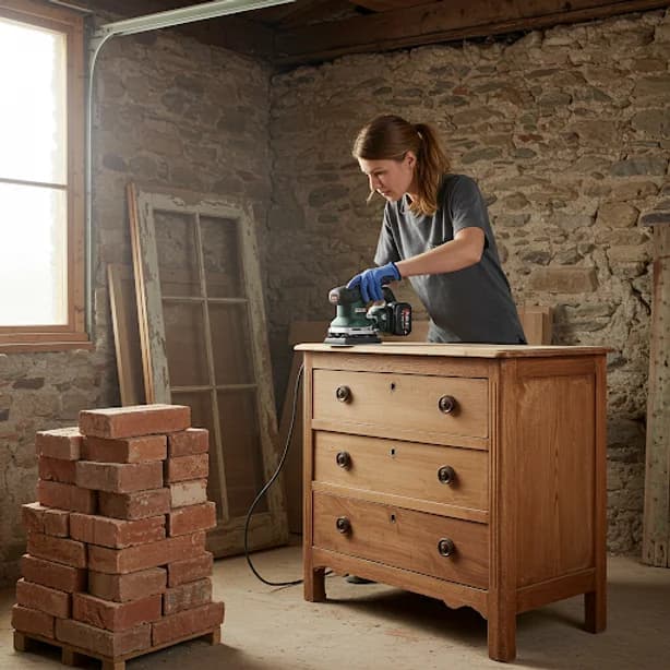 Reaproveitamento de materiais em reforma residencial com cômoda sendo restaurada e tijolos usados.