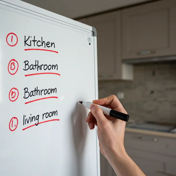 Lista de prioridades em reforma residencial com cozinha em destaque no fundo.