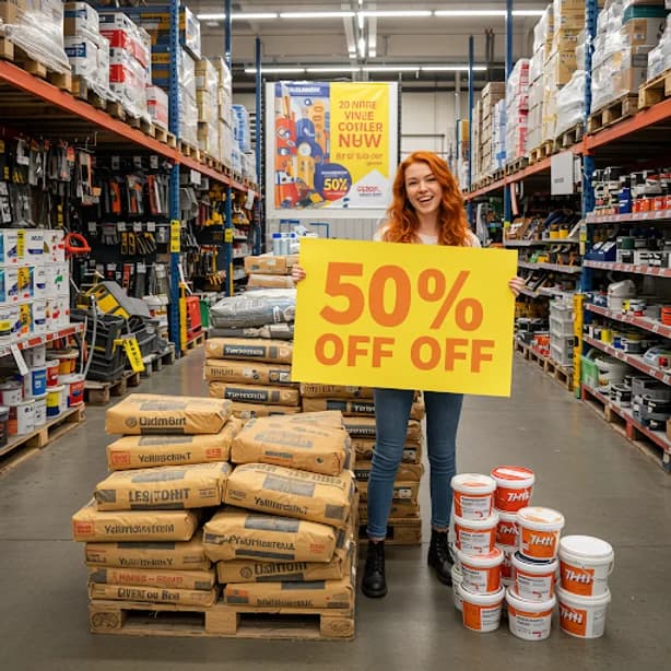 Pessoa pesquisando descontos em materiais para reforma residencial em loja de construção.