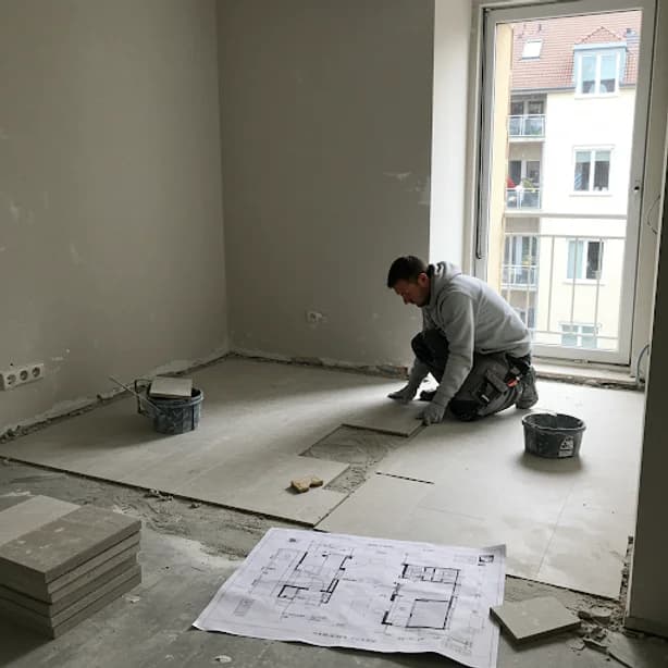 Reforma de apartamento com trabalhador instalando piso e planta baixa ao lado.