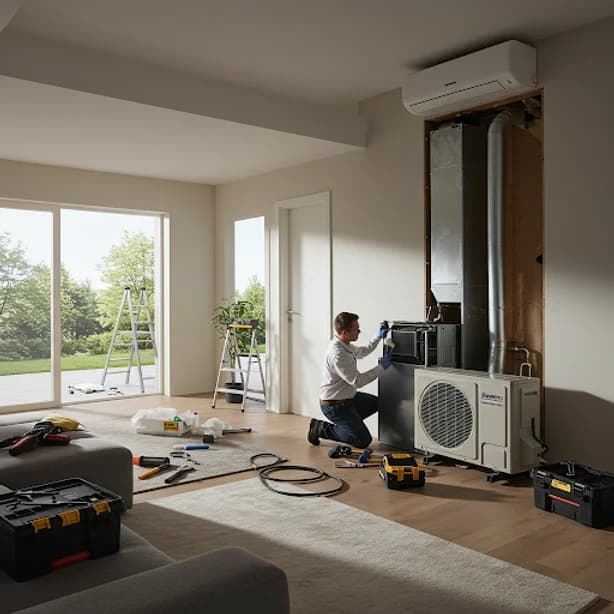 Manutenção preventiva em ar-condicionado durante reforma de casa