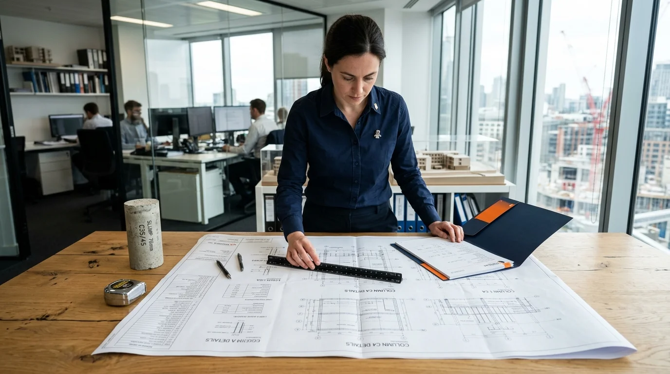 Engenheira civil analisando pranchas de detalhamento estrutural e compatibilização técnica em escritório de engenharia.
