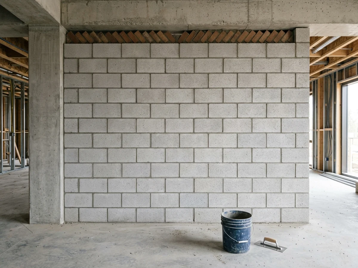Parede interna levantada com blocos de concreto cinza e travamento superior com tijolos inclinados