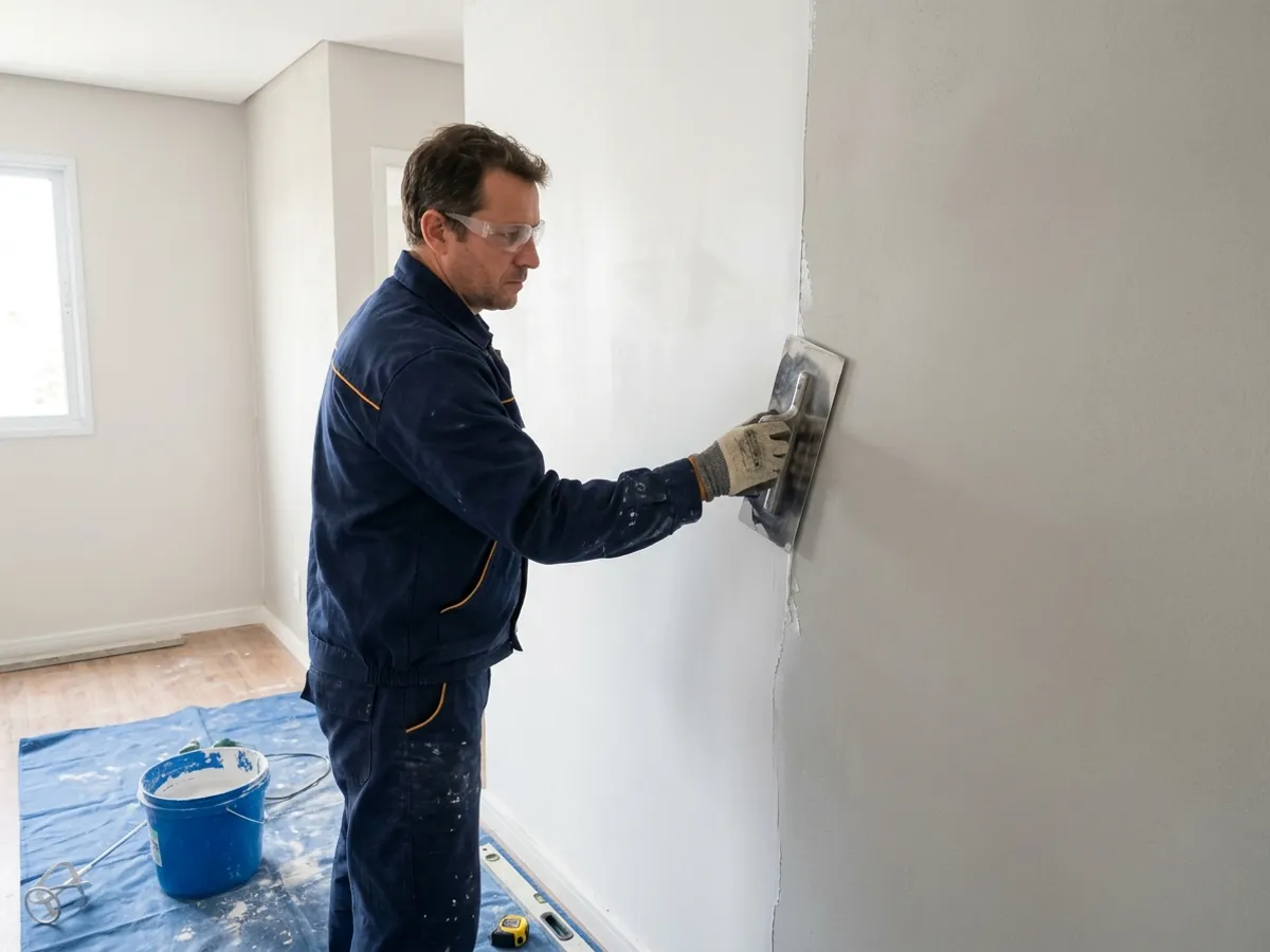 Gesseiro aplicando camada de acabamento de gesso liso com desempenadeira de aço sobre parede de reboco curado