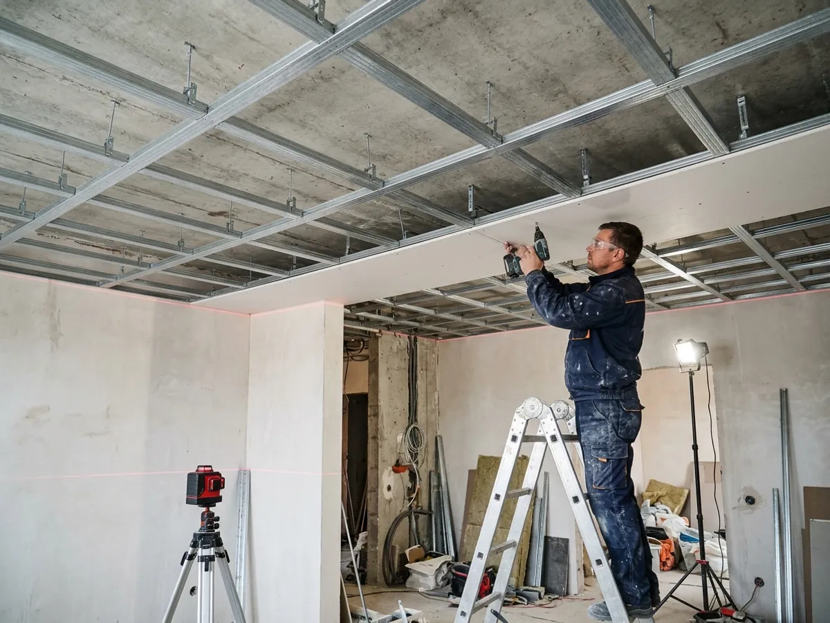 Montador de gesso nivelando estrutura metálica de forro de drywall com auxílio de nível a laser