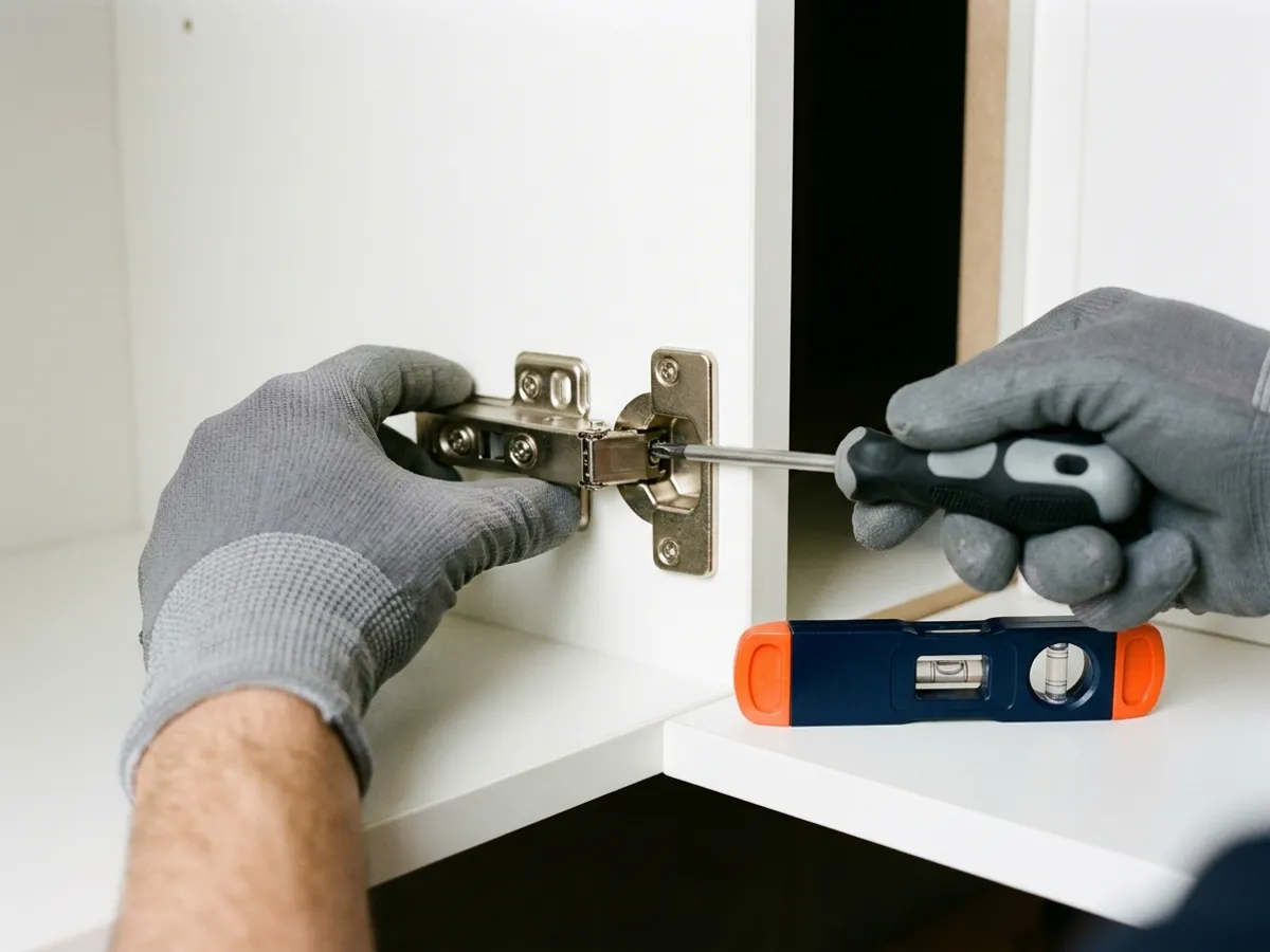 Instalação e regulagem de dobradiça metálica com pistão de amortecimento em móvel planejado