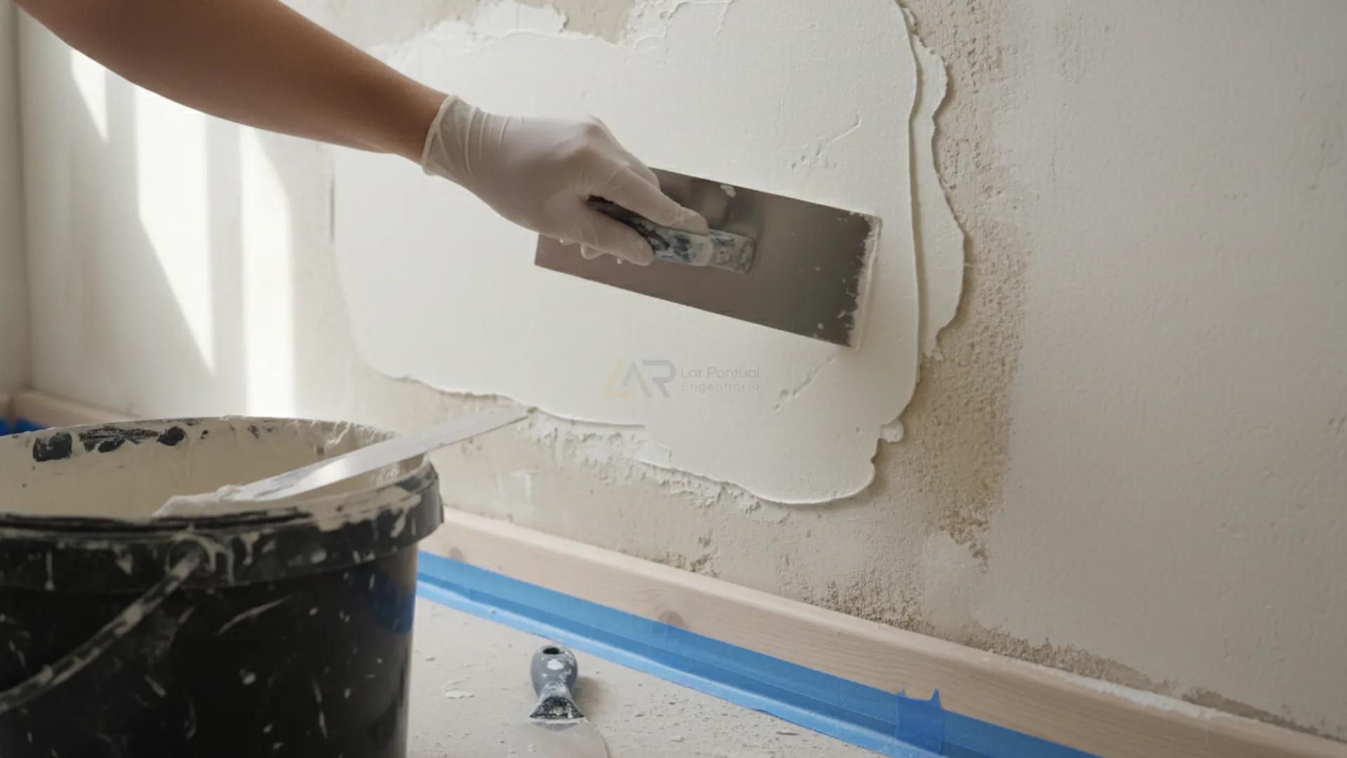 Pintor aplicando massa corrida em parede de apartamento