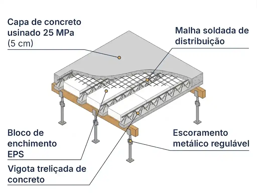Corte das 5 camadas construtivas de uma laje treliçada residencial do escoramento à capa de concreto
