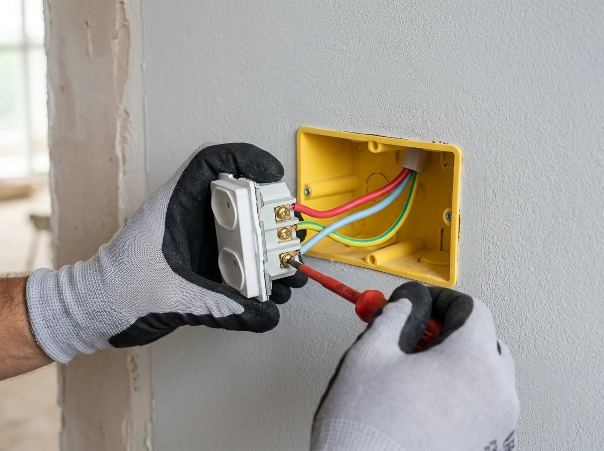 Instalação de conjunto de tomada em caixa 4x2 com cabos flexíveis por eletricista