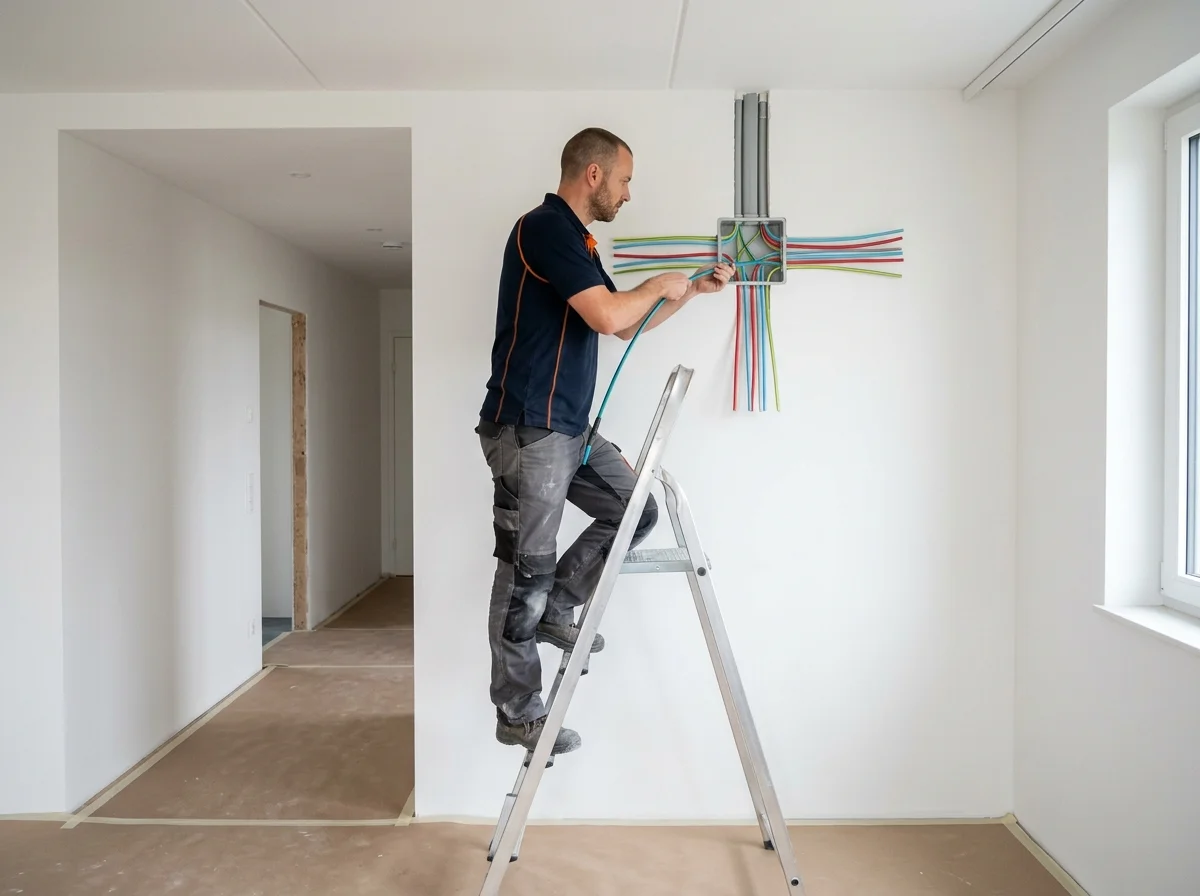 Eletricista passando novos cabos de fiação com guia passa-fio em conduíte de apartamento