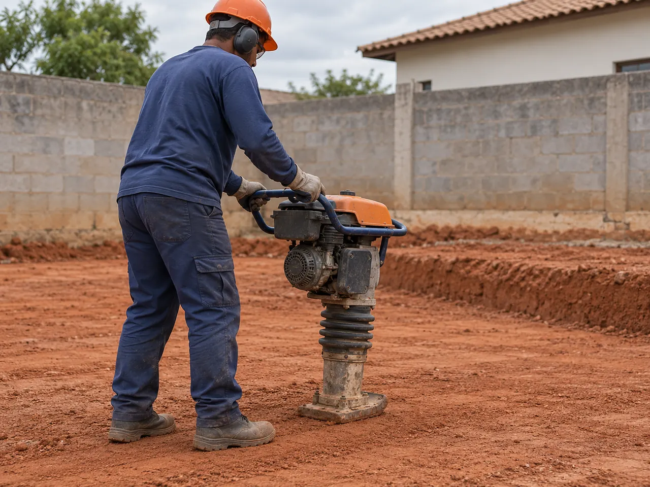 Operador com equipamentos de proteção compactando uma camada de aterro residencial com máquina de percussão