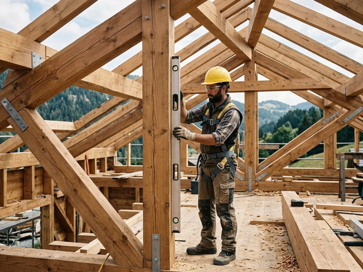 Carpinteiro de obras conferindo o prumo e alinhamento das tesouras de madeira de um chalé residencial
