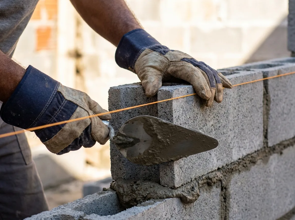 Pedreiro com luvas de segurança assentando bloco de concreto com argamassa e fio de prumo guia em muro