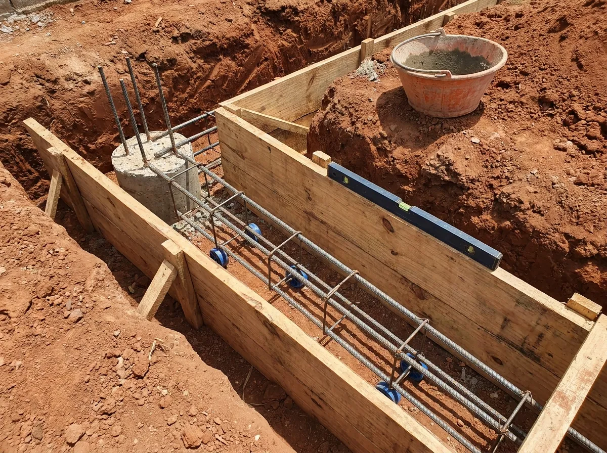 Vala de fundação com caixaria de madeira e armadura de aço da viga baldrame para muro residencial