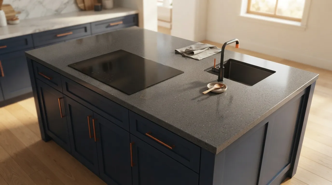 Bancada de quartzo instalada sobre armários planejados com cooktop e puxadores em cobre.