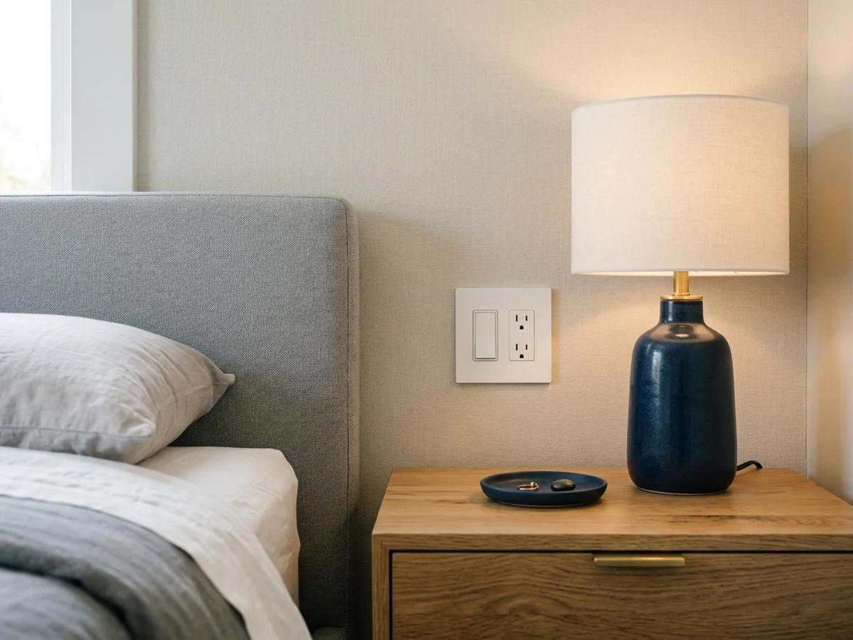 Placa de interruptor e tomada conjugada instalada a 15 cm sobre a mesa de cabeceira em quarto de casal