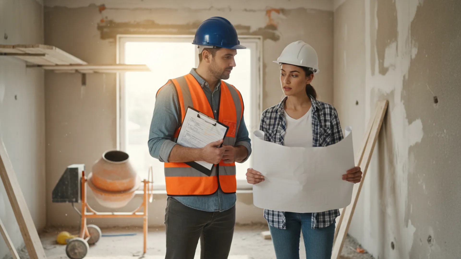 Engenheiro e arquiteta em canteiro de obra residencial