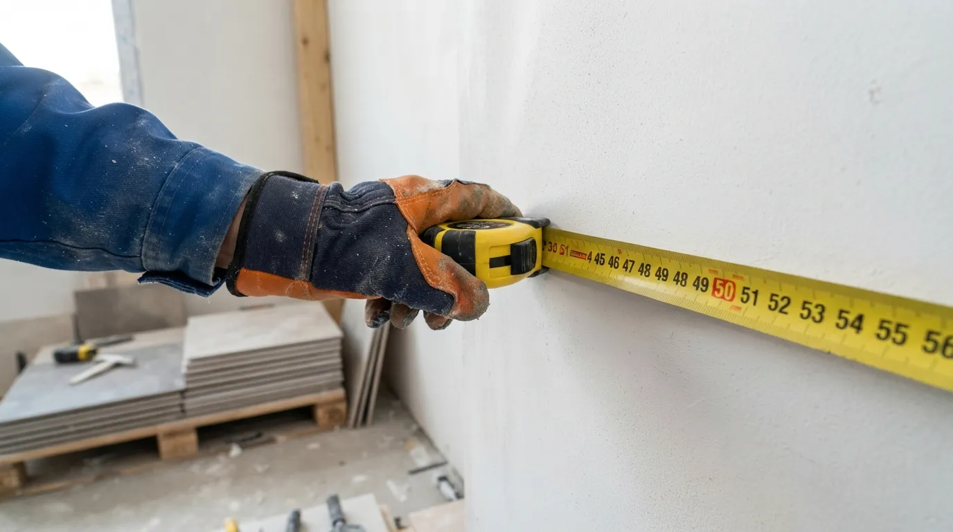 Profissional da construção realizando medição de parede interna utilizando trena metálica de alta precisão.