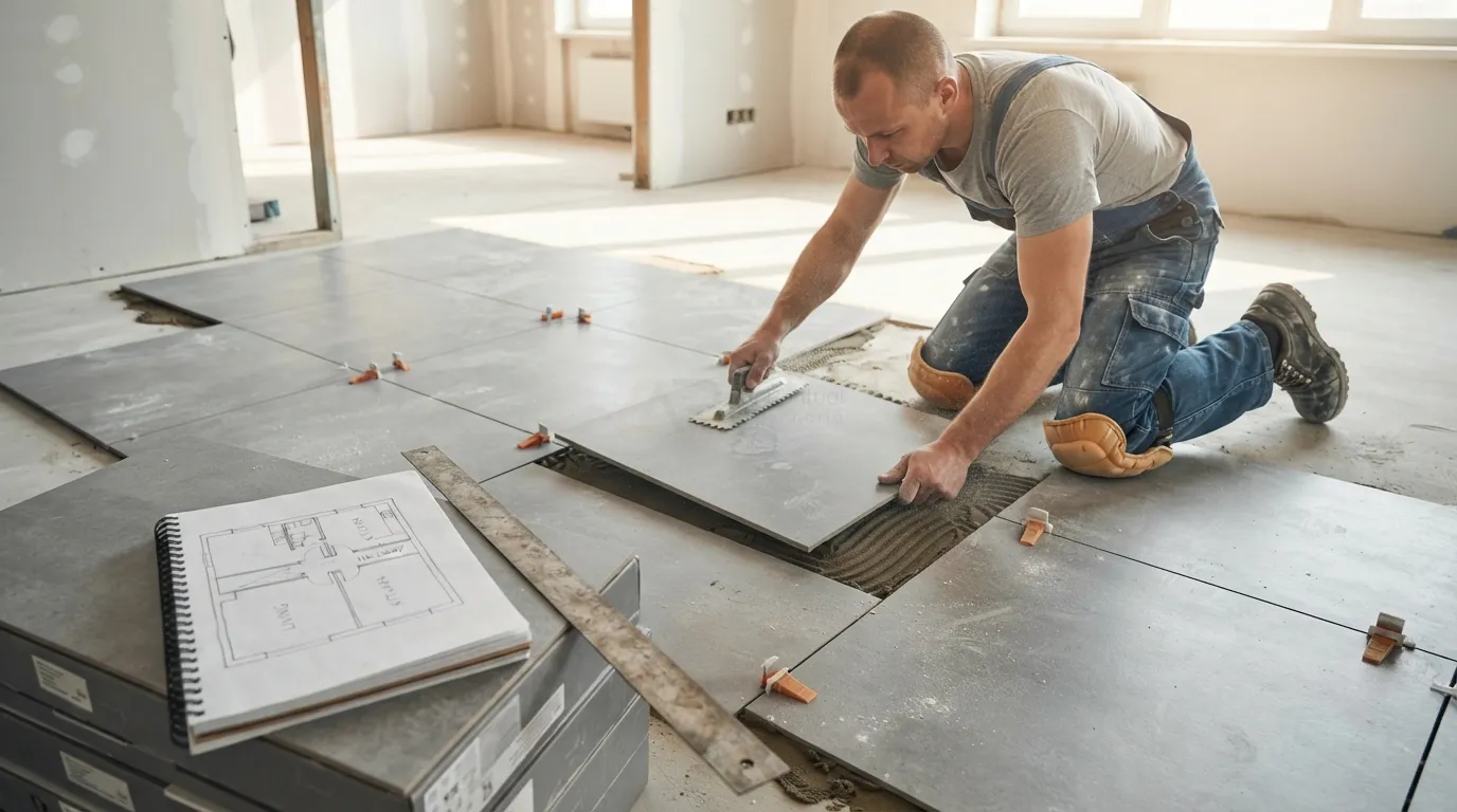 Assentamento técnico de porcelanato em piso residencial com niveladores plásticos e trena de marcação.