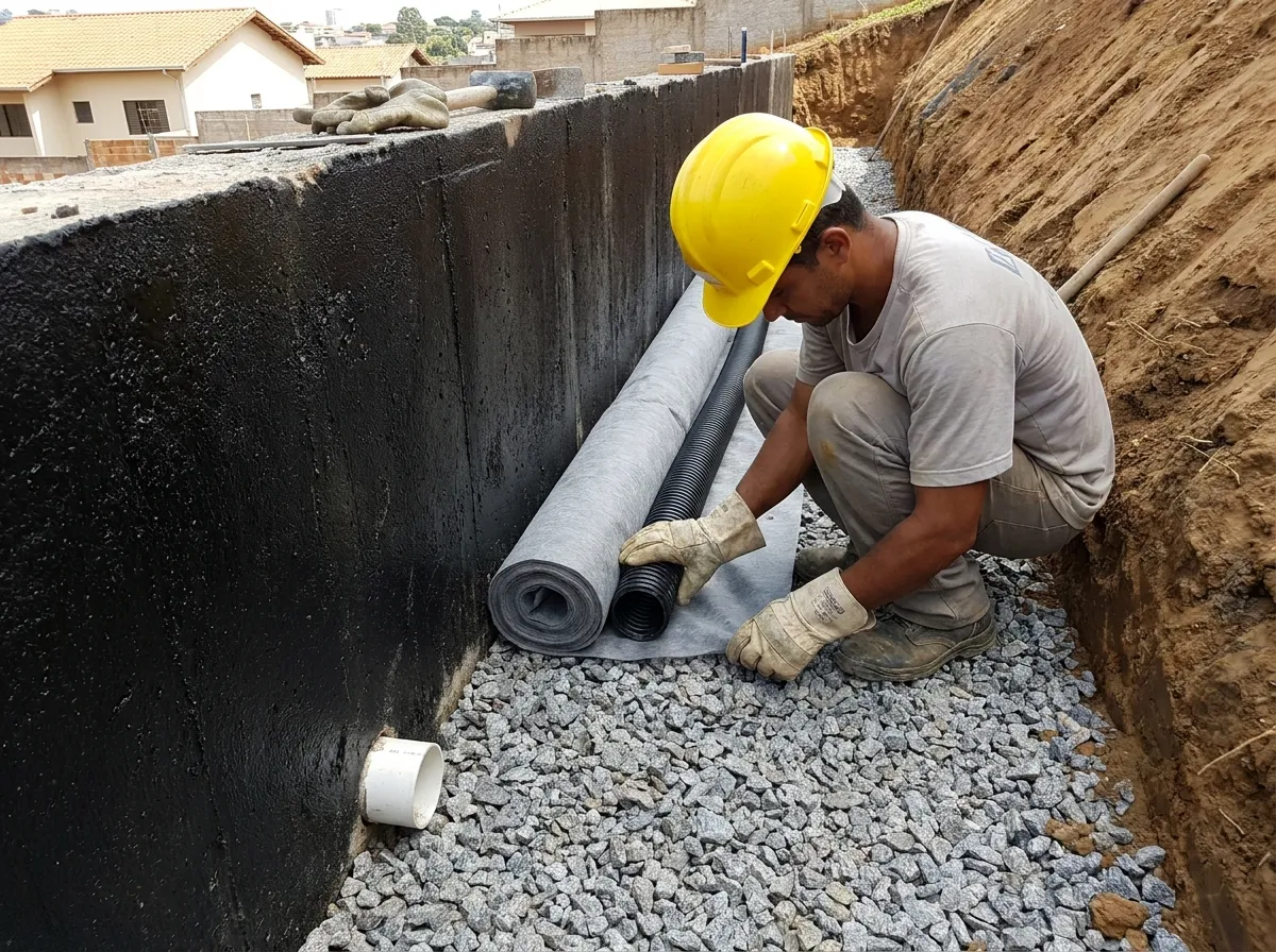 Operário instalando tubo dreno corrugado perfurado envolto em brita e manta geotêxtil atrás do muro de arrimo