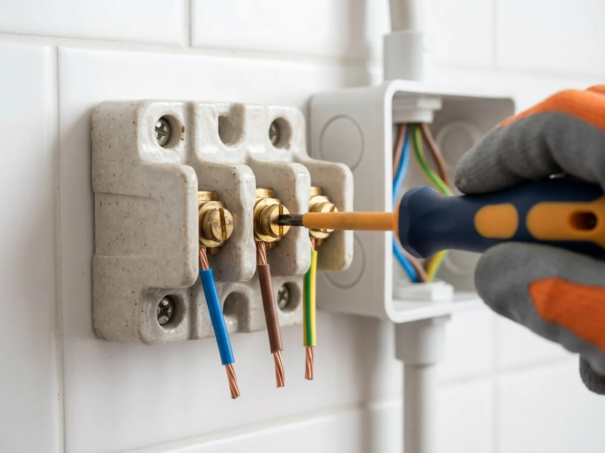 Eletricista conectando cabo de cobre rígido em conector de porcelana tripolar na caixa de derivação do chuveiro