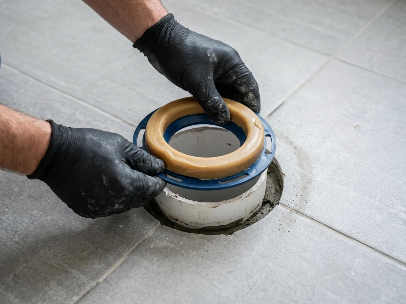 Instalador com luvas pretas posicionando anel de vedação de cera com guia azul sobre bocal de tubo de esgoto no piso