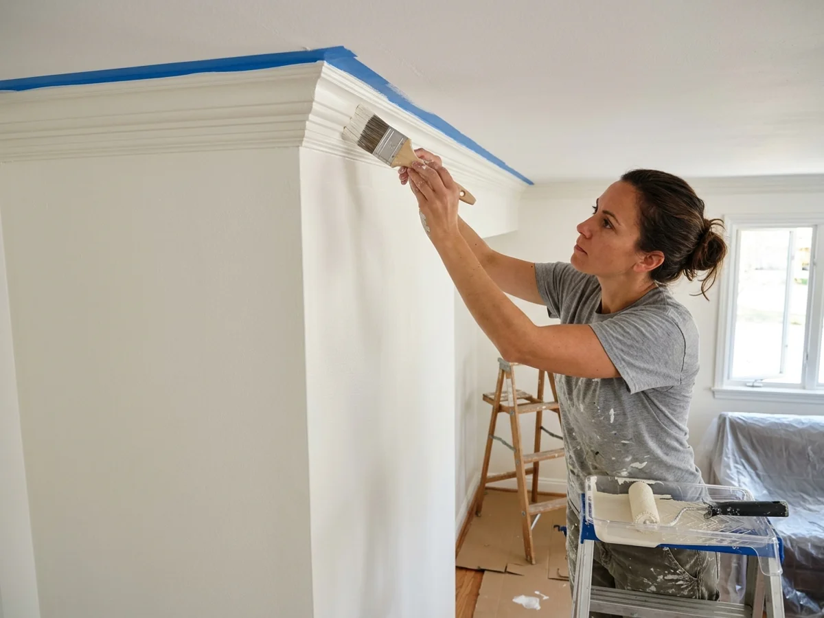 Pintor executando recorte de acabamento entre parede e teto com trincha de cerdas macias