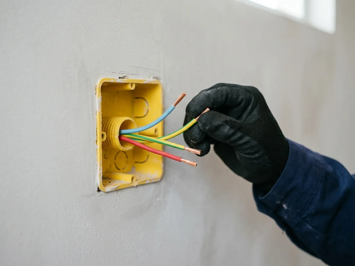 Três condutores elétricos nas cores azul-claro, verde e vermelho saindo de caixinha de embutir 4x2 amarela em alvenaria
