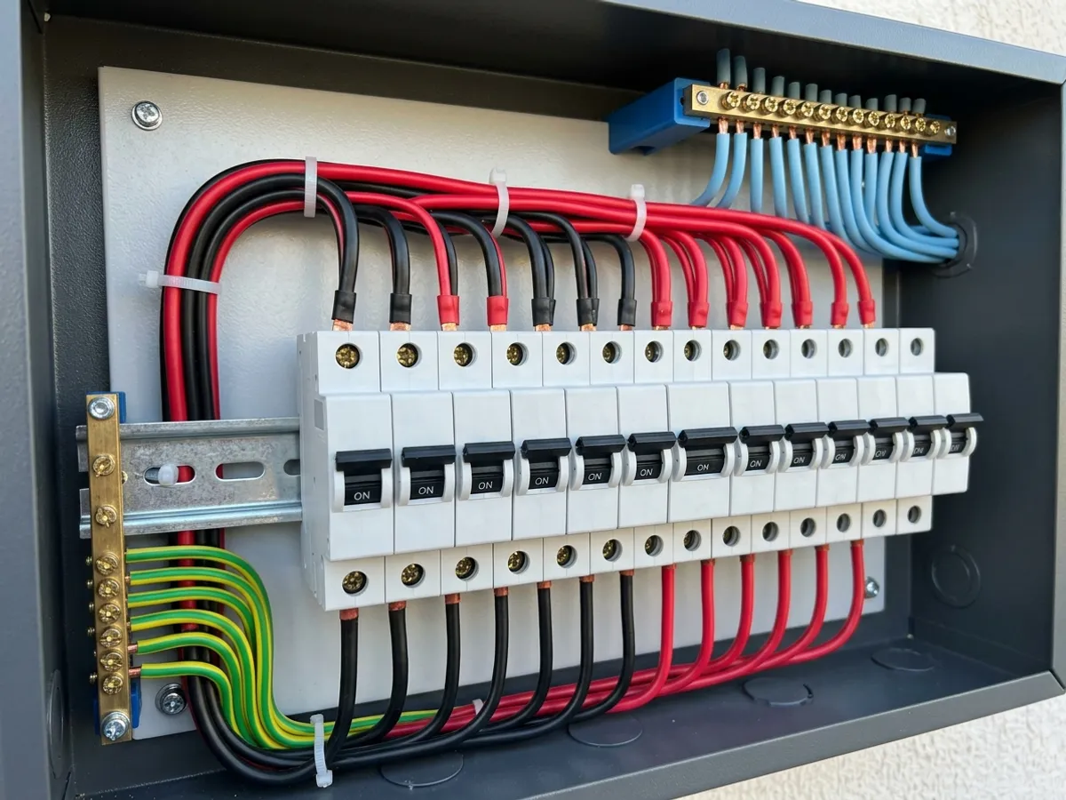 Quadro de distribuição residencial com barramento de neutro azul, barramento de terra verde e disjuntores com cabos de fase