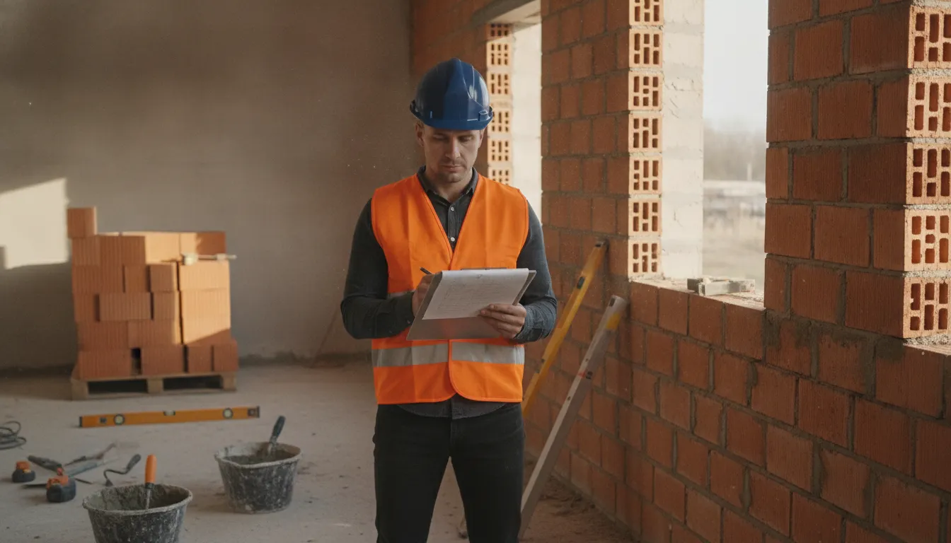 Engenheiro inspecionando alvenaria e estruturas internas com base no planejamento executivo.
