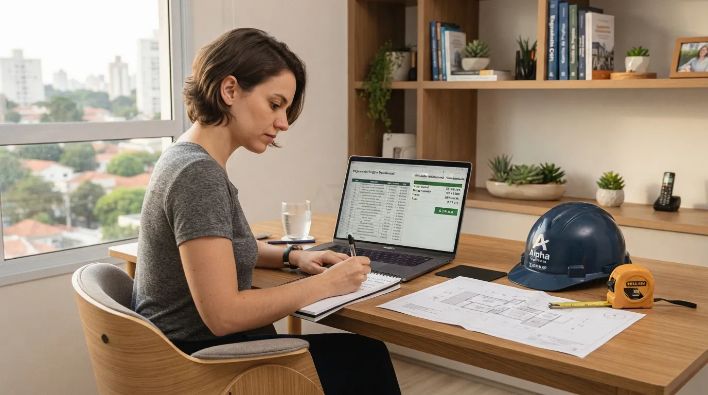 Proprietário analisando taxas de juros e opções de simulação habitacional no notebook.